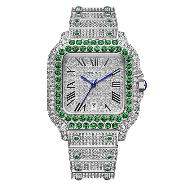 Chic Unisex Wristwatch with 42mm Square Roman Numeral Face, Diamond-Studded Alloy Band, Quartz Analog-Digital Display, 30M - 50M Water Resistant Mineral Glass with Calendar & Glow Dial, Clasp, Fashion, Silver, Stainless Steel, Glamorous, Waterproof
