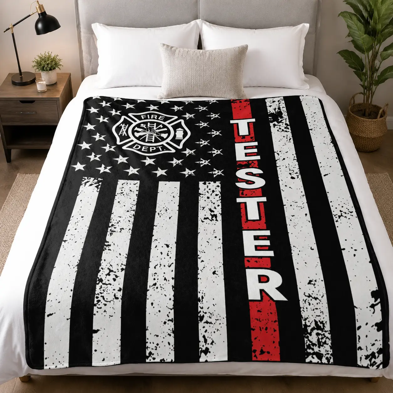 fighter American Flag Flannel Blanket, Thin Red Line Fire Dept Cozy Throw Blanket, Soft Warm Plush Throw for Couch & Bed, Patriotic Home Decor Gift for Firefighters, Men & Women