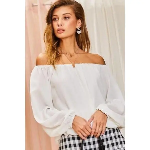 Women's Off-Shoulder Long Bubble Sleeve Polyester Solid Blouse, Fashion 1-Piece Day Top