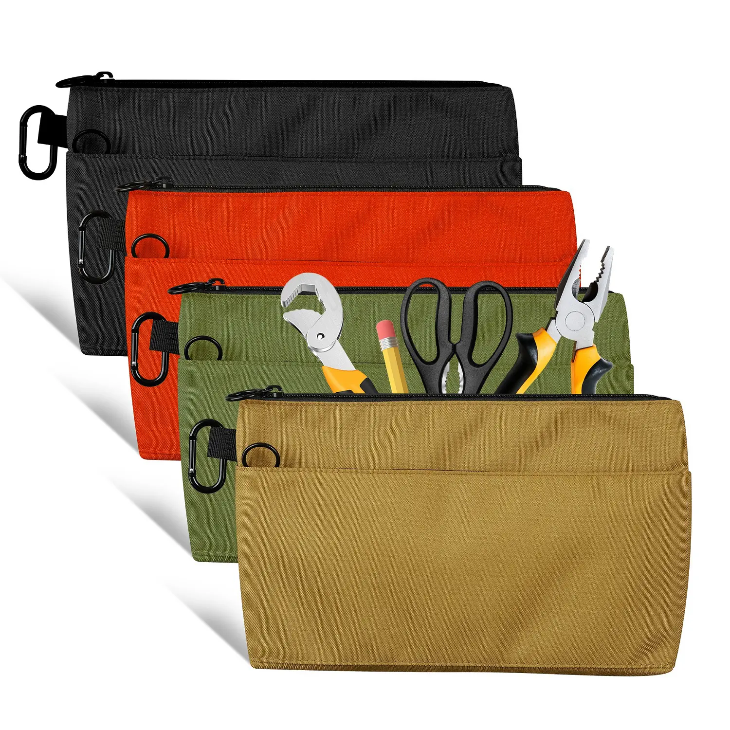 12 Inch Tool Pouches with Zipper, 4 Pack Portable Small Tool Organizer Bag with 2 Compartments & D-Ring Clip, Utility Small Tool Pouch for Electrician, Carpenter, Home Repair, DIY Tools