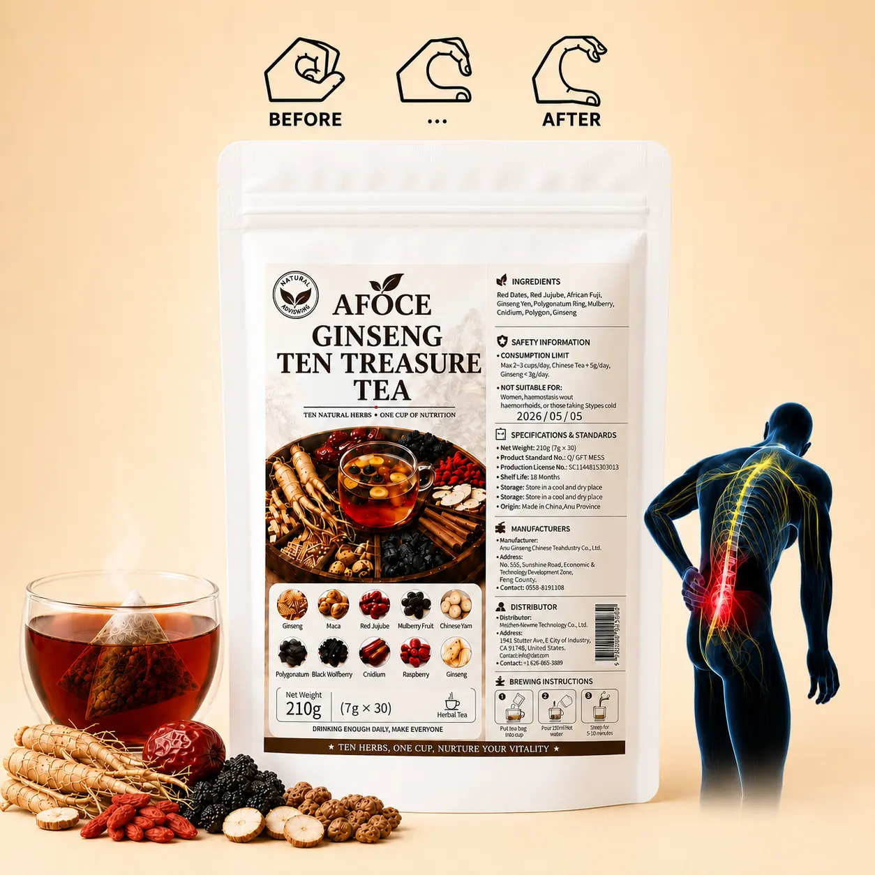 AFOCE Ginseng 10-Treasure Tea, Men’s Herbal 10-Blend, 30 Individually Wrapped Tea Bags for Daily Wellness