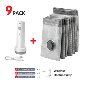 [2026 Upgraded] Cordless Travel Vacuum Bag Set Vacuum Bags for Travel with Rechargeable air Pump, 9 Pack Carry-on Size Compression Packing Bags for Luggage and Suitcase, Space Saver for Clothes and Clothing Travel Zipper Pouches Hands Compact USB Storage