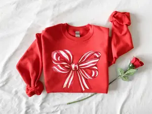 Christmas Bow Sweatshirt, Festive Red Holiday Crewneck, Cute Xmas Outfit, Candy Cane Bow Sweater, Cozy Christmas Gift