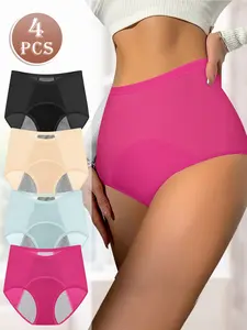 4PCS Women's Underwear Set - Breathable Mesh Ice Silk Seamless - Leak-Proof High-Waisted Tummy Control - Comfortable Fit Briefs - Soft Pastel Panty Shaper Panty - S-XXL - Womenswear