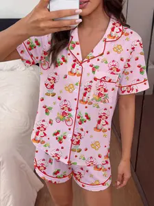 Strawberry Shortcake Full Print Sleepwear Set for Women, Reversible Collar Short Sleeve Shorts, Casual Homeewear