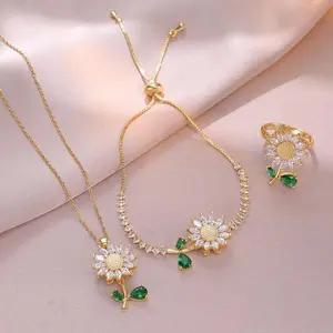 3PCS Jewelry Set, Green Leaf, Rotating Sunflower Zircon Necklace Ring Bracelet Fashion Suit Clavicle Chain