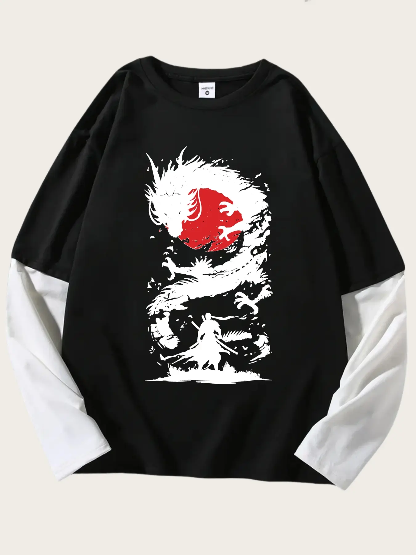 Dragon Geometric Pattern Loose Long Sleeve Round Neck T-Shirt, Fashion Street Casual Style, Comfortable Trendy Top Gift, Unisex Clothing, Streetwear, Tee