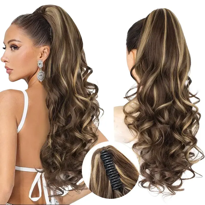 QGZ Claw Clip Ponytail Extension - 24" Soft Wavy Curly Fiber Synthetic Curls, Lightweight Natural Fake Ponytail Hairpiece for Women, Synthetic Ponytail Hairpieces