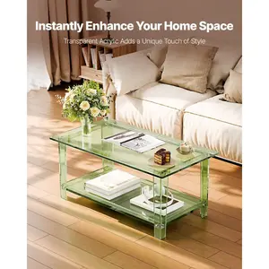 summervibes 2-Tier Rectangular Acrylic Coffee Table with Storage Shelf and Rectangular Base, Modern Center Table, Ideal for Dining Room, Office, 19.7x31.5x15.7" (Green)