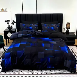 3pcs Polyester 3D Geometric Cube Design Bedding Set, Blue, Breathable Durable, Gift for Family Friends, All Seasons
