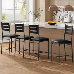 Bar Stools Set of 4 Barstools Faux Leather Upholstered Bar Chair Wooden with Back and Footrest and Thick Cushion Counter Height Bar Stools for Kitchen Island Apartment Black