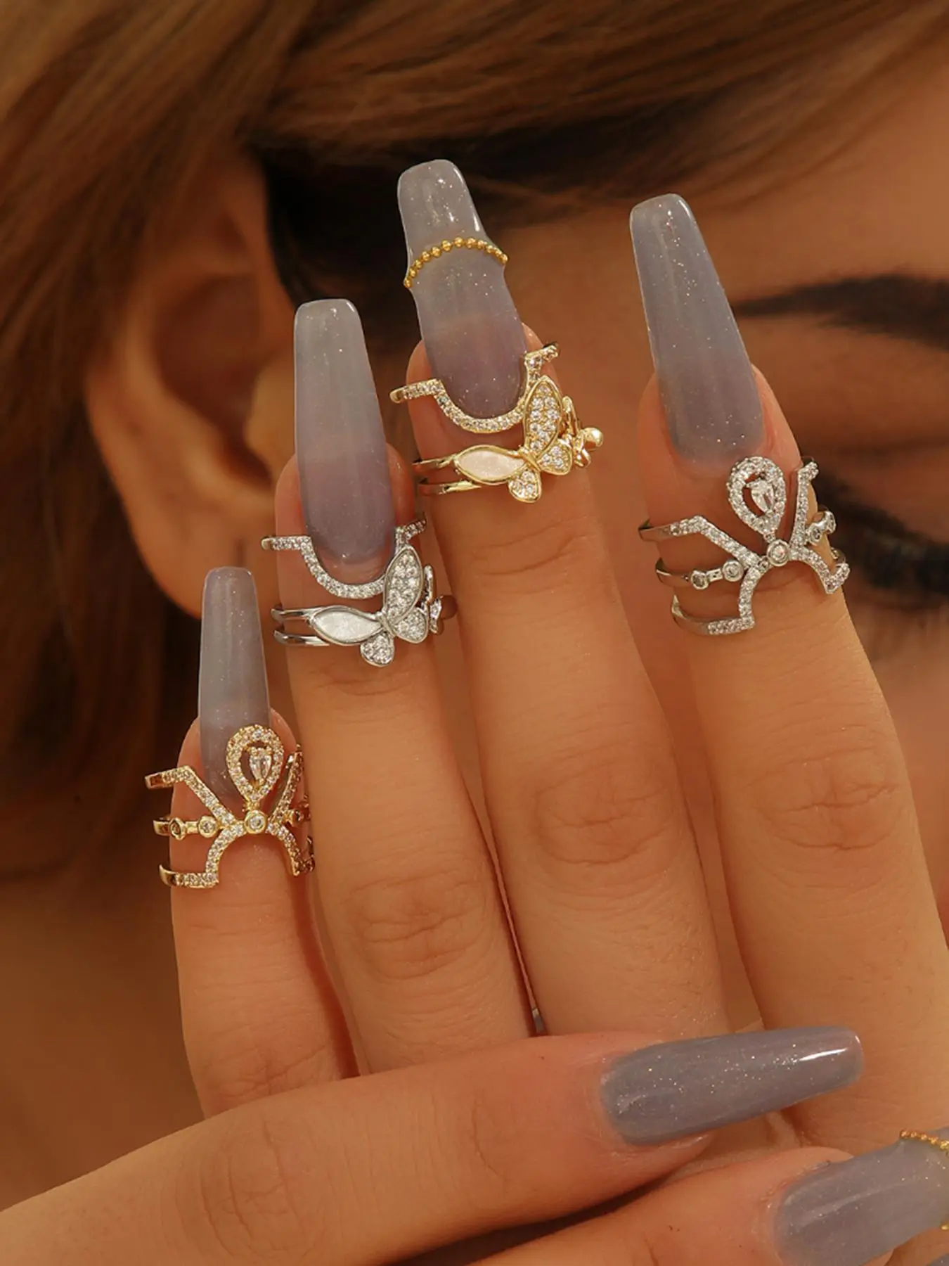 Luxury Noble & Elegant Nail Ring, Fashion Jewelry for Party, Daily Clothing Decor, Trendy All-match & Exquisite Jewelry for Birthday Gift, Dainty Stacking Rings, Elegant Glittering Ring, Stackable Ring Set, Beautiful Rings