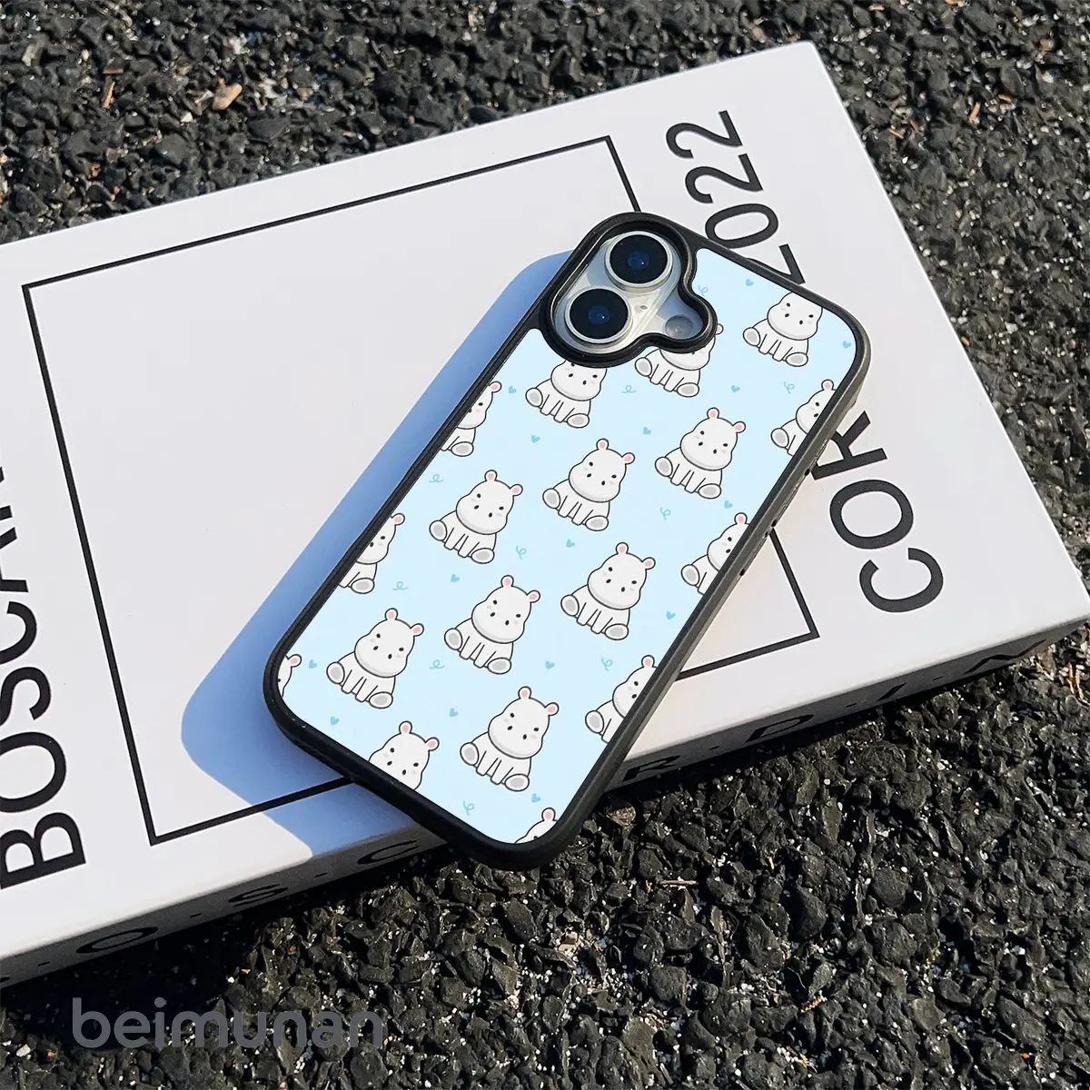 Cute White Hippo with Blue Hearts & Swirls Pattern Print ,Phone Case Casing for Cellphone 11 12 13 14 15 16 17 Pro Max, Full Protection, Shockproof, Wear-resistant and Slim Cover. Perfect gift for birthdays, Valentine's Day or for couples
