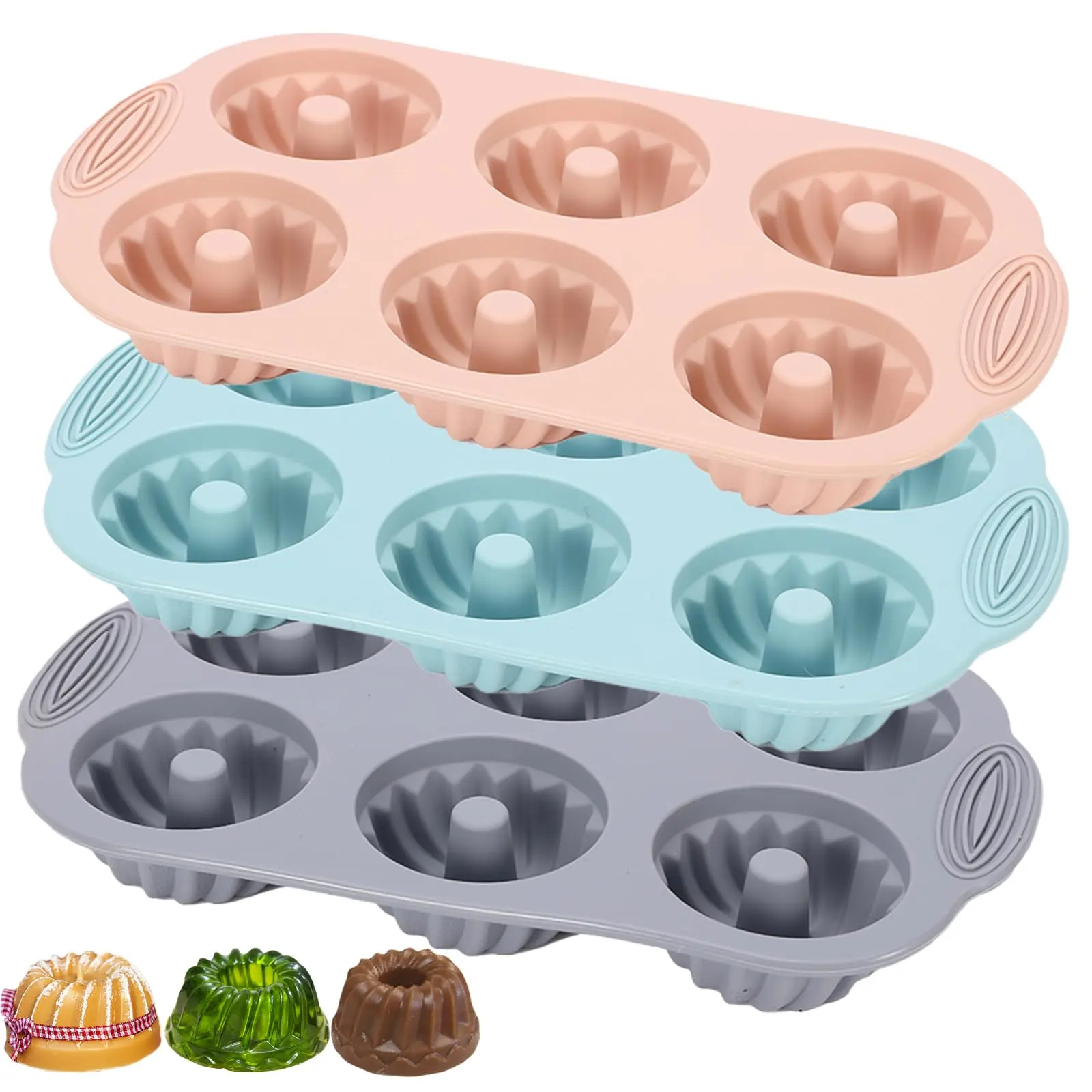 6 Pack 6-Cavity Silicone Fluted Tube Baking Molds - Non-Stick Heritage Pans in Pink, Blue, Gray - Oven-Safe, Easy Pop-Out for Mini Bundt Cakes, Birthday Treats - Reusable Kitchen Bakeware Set, 2 Pink & 2 Blue & 2 Gray, Easy To Release And Clean