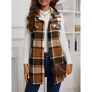 Women’s plaid print button-front vest coat with pocket design and collar, casual waistcoat for spring and fall; fashionable women’s clothing, brown womenswear