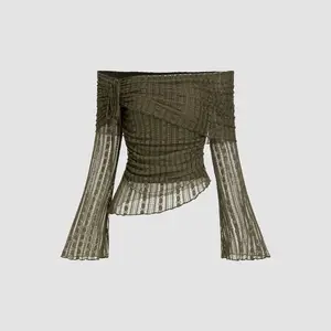 Cider Lace Off-shoulder Drawstring Asymmetrical Hem Top
