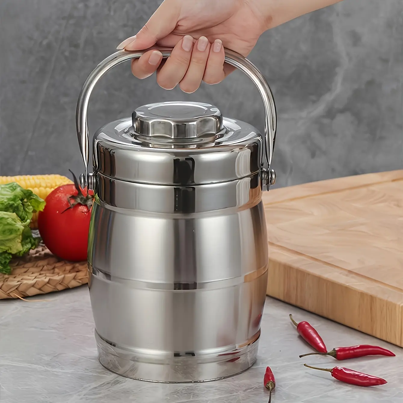 Stainless Steel Insulated Lunch Boxes - Leak-Proof Lid, Solid Handle, Stackable Round Easy-Clean Structure, Plastic Thermal Container, Hot/Cold Retention for Meal Prep, Office Tableware