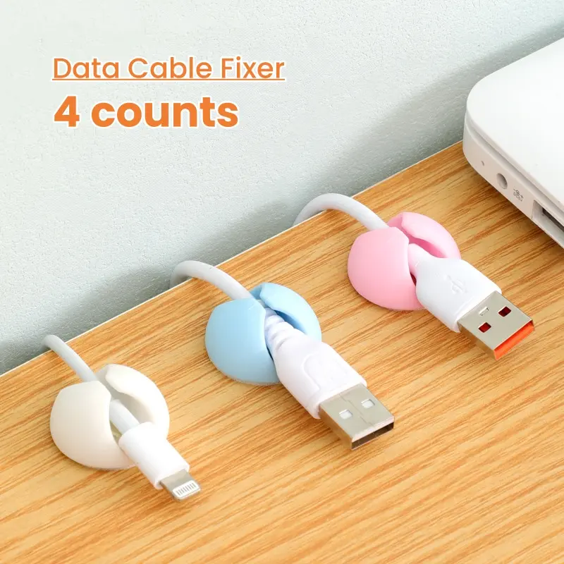 4-Count Self-Adhesive Data Cable Fixer - Random Color, Multifunctional Desktop Cable Organizer, Floss Holder, Light Setup Helper, Home Office Desk Accessories