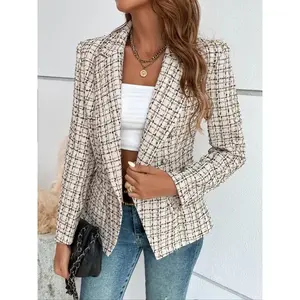 Women’s plaid print double-breasted lapel blazer with flap details, casual long-sleeve outerwear for fall and winter, ladies’ clothing suitable for work, office, and business