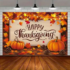 1pc 2D Flat Thanksgiving & Harvest Festival Polyester Party Banner - "Happy Thanksgiving" Wall Decor with Autumn Leaves, Pumpkins & Warm String Lights, Perfect for Home, Room, and Seasonal Par Ornaments White