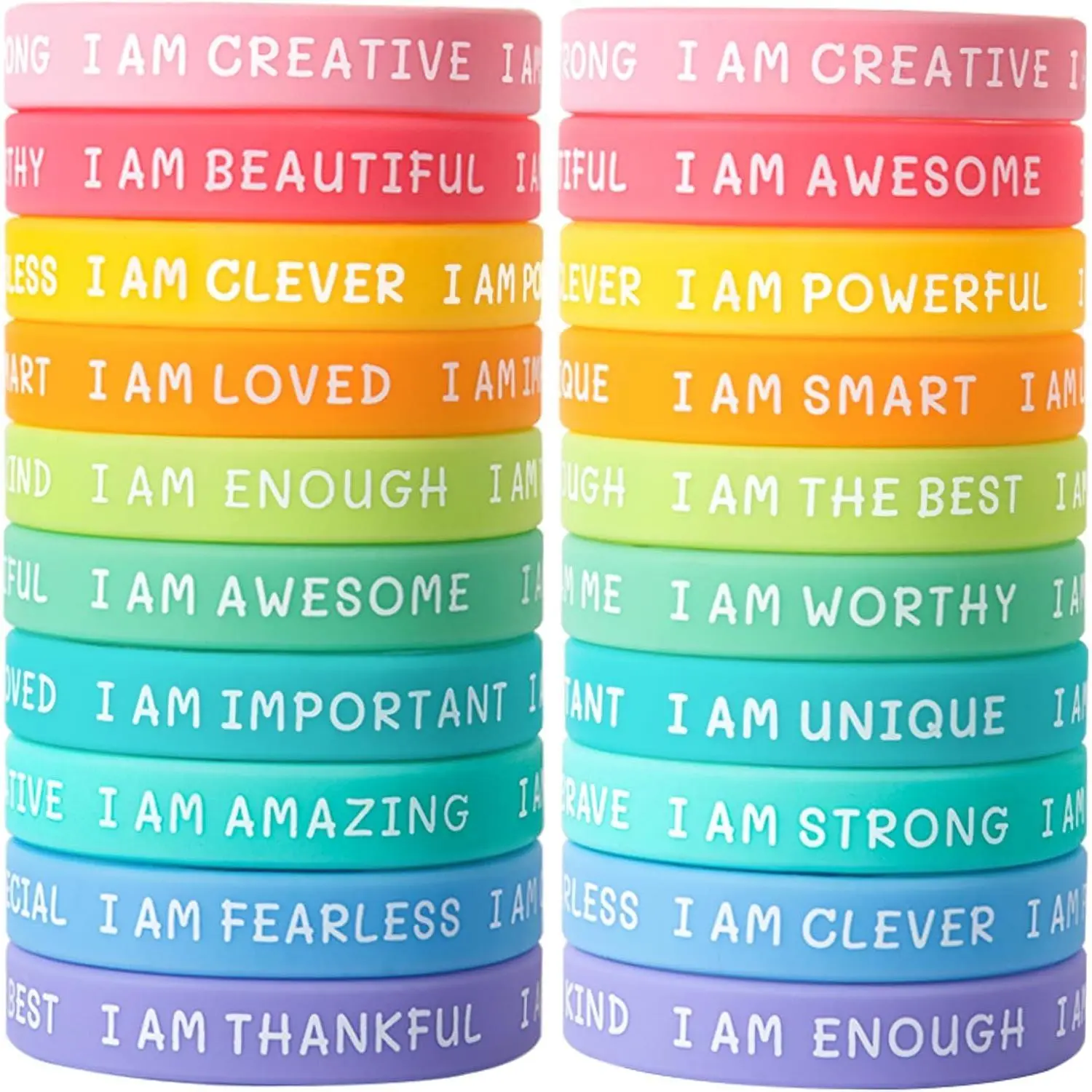 20 Pack Motivational Silicone Wristbands for Kids, Soft Rubber Bracelets with Positive Sayings for Classroom Prizes and Birthday Party Favors, Positive Vibes, 3 - 4 Years, Quote Texts, Macaron Colors, 0.5 Inch Wide, Birthday Parties