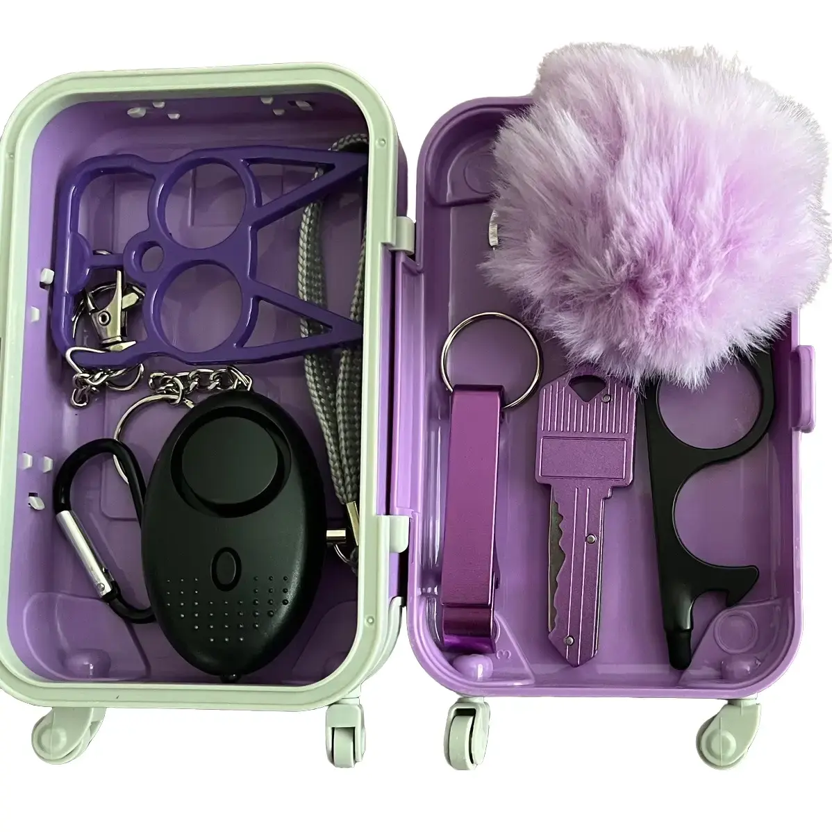 Mini Keychain and Suitcase Rectangular Purple and Black Travel Accessory with Keyring and Pom Pom