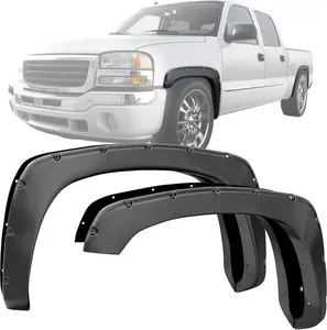 OEDRO Front Rear Fender Flares Kit Compatible for 1999-2006 Chevy Silverado/GMC Sierra 1500 2500HD 3500HD (Incl. 2007 Classic Models), Smooth Black Wheel Well Cover Guards Pocket Rivet Style Chrome Eyebrow Headlight Trim Cover Car Accessories Truck