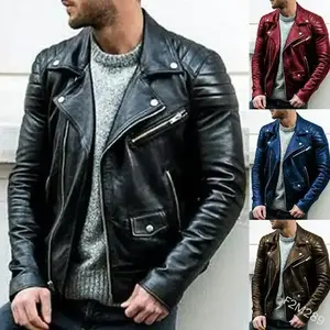Men's Leather Motorcycle Jacket with Stand Collar for Youth Punk Style