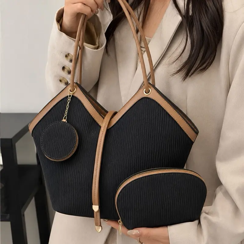 Women’s 3-Piece Large Tote Bag Set with Coin Purse and Cosmetic Pouch