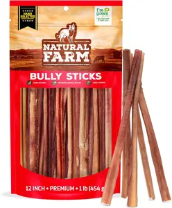 Natural Farm 12 Inch Hand Selected Standard Bully Sticks - Premium Beef Pizzle for Joint & Brain Health - 1 LB Pack - Odor-Free & Digestible