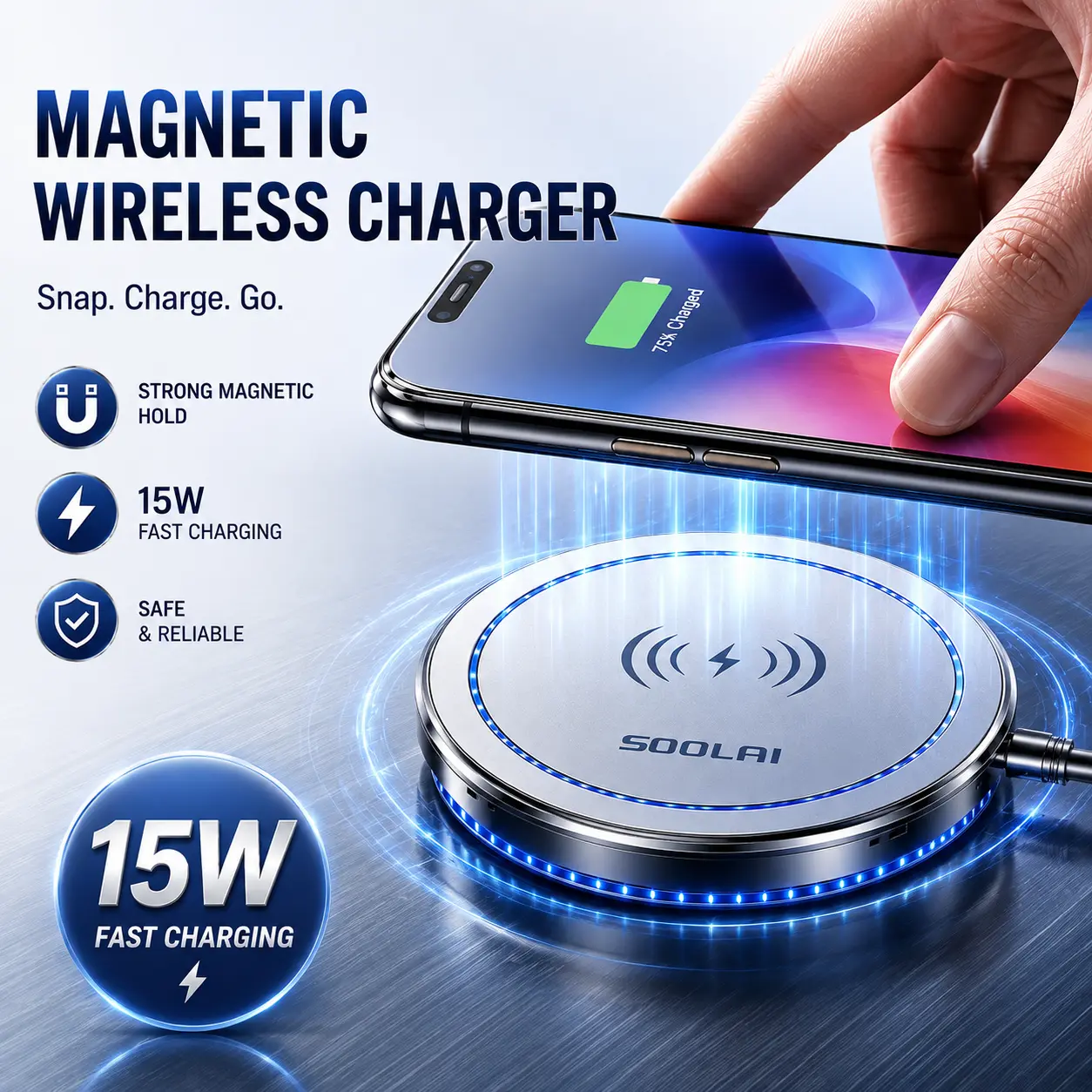 Embedded Magnetic Wireless Charger, Desk Mount Phone Charger with LED Light & Strong Magnetic Alignment, MagSafe Compatible