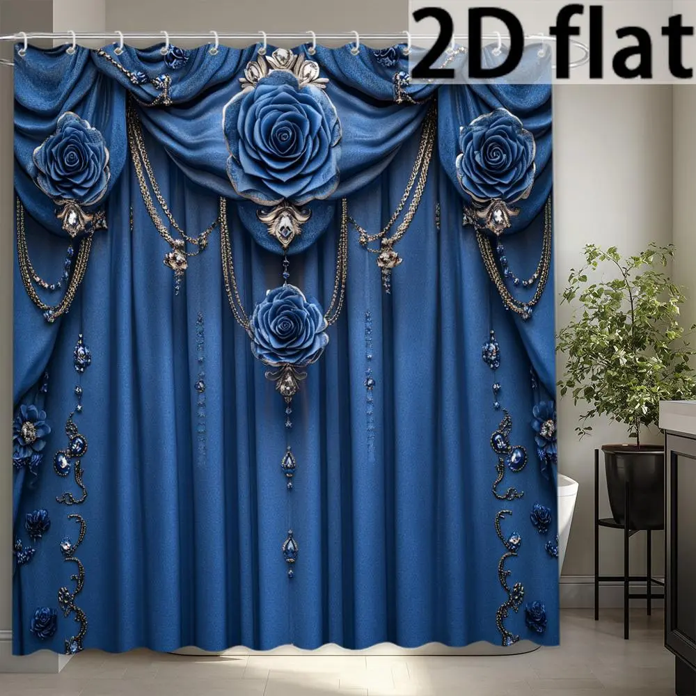Elegant Blue Rose Flower Shower Curtain - Waterproof, Light-Blocking, Machine Washable Bathroom Curtain with Hooks, 2D Pattern, Ideal for Home Décor, Bath Privacy, Great as a Gift
