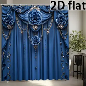 Elegant Blue Rose Shower Curtain - Luxurious floral bathroom curtain, suitable for home décor, machine washable, comes with hooks, 2D pattern design.