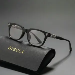 Gigula Vintage Square Flat Glasses & Reading Glasses, Leather Wallet Case, Unisex Luxury Cross Design, Anti-Blue Light, Lightweight Fashion Eyewear, Reading Eyeglasses