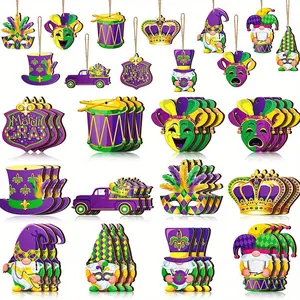 24-Piece Carnival Wooden Decorations Set, Dwarf Crown Masks, Wood Hanging Ornaments, Festival Decoration Accessories