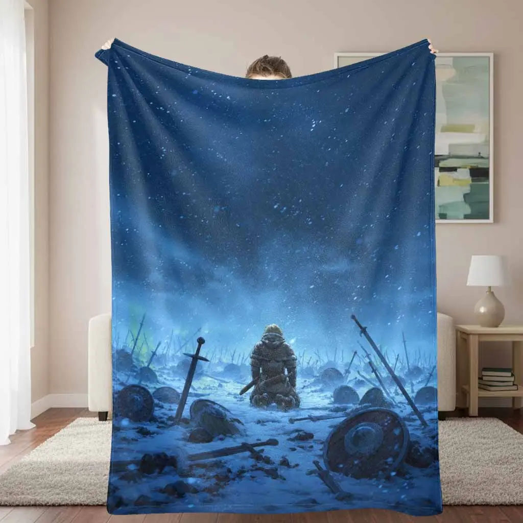 Viking Warrior Flannel Blanket - Flannel Fabric, Historical Nordic Legend Historical Art, Lightweight Weave, Multi-Size, Soft Warm Cozy, Home & Outdoors Use for Bed Sofa Camping Travel Holiday Gift, Soft Breathable, Living Room