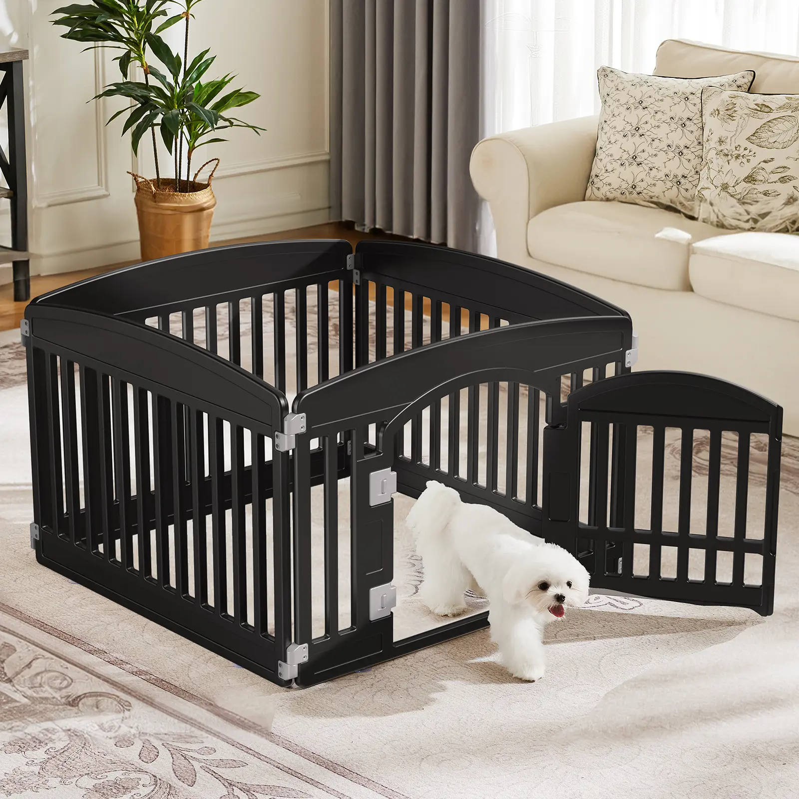 PetSafe Dog Playpen Safe & Secure Indoor Outdoor Pet Fence Folding Portable for Small to Medium Dogs Easy to Clean White Black