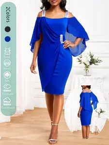 Women's Elegant Bodycon Short Dress, Chiffon Sleeves, Lace Sequins Shoulder Straps, Perfect for Special Occasions