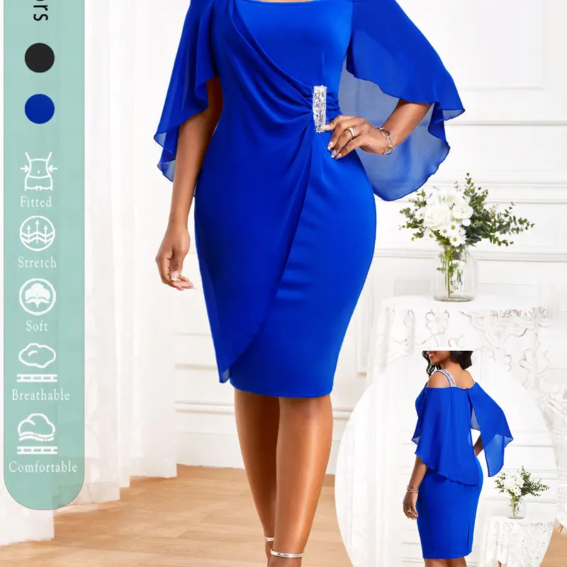 Women's Elegant Chic Fitted Bodycon Short Dress, Chiffon Sleeves, Lace Sequins Shoulder Straps, Perfect for Special Occasions, Formal Wear, Cocktail Wear