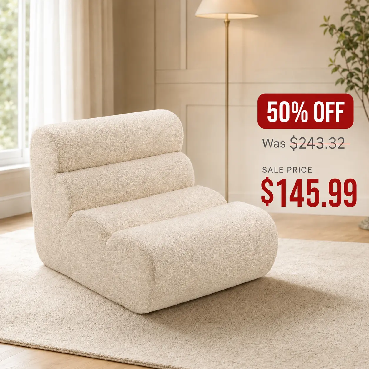 Tactow Compressed Foam Lounge Chair, Caterpillar-Inspired Boneless Chair with Deep Seat, Layered Back Support and Soft Textured Upholstery, No Assembly Floor Sofa Chair for Living Room & Bedroom