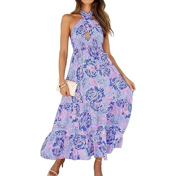 ZESICA Women's 2026 Summer Crossover Halter Neck Sleeveless Plaid Cut Out Backless Flowy A Line Maxi Dress