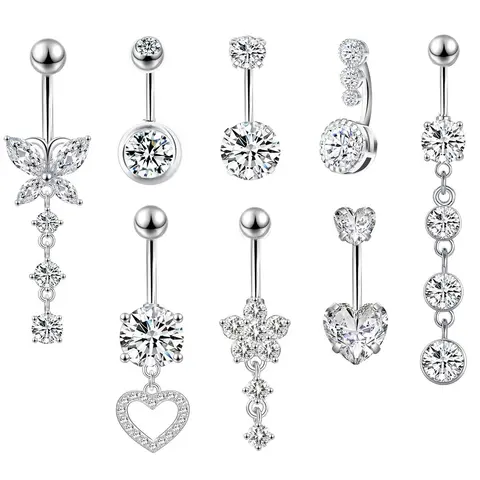 Women's Cute Butterfly & Heart Design Belly Rings, Body Jewellery, 8 Counts/set Body Jewelry Belly Piercing Jewelry for Party, Daily Decor, Cubic Zirconia Body Jewelry for Birthday Gift Body Piercings Set