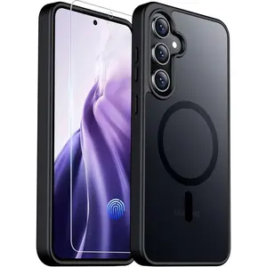 Magnetic for Samsung Galaxy S24 FE Case, with [Tempered Glass Screen Protector][Compatible with MagSafe][Military Grade Shockproof] Slim Translucent Matte Phone Case for S24 FE 6.7"-Black