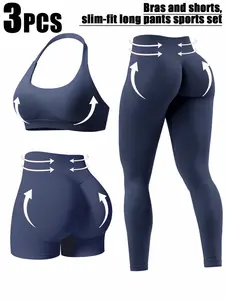 Women'S Three-Piece Casual Sportswear Set - Collar-Neck Bra And Thigh-High Tight Pants with Built-In Padding - A Fashionable And Sexy Sports Outfit