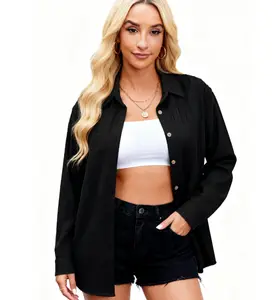 Womens Long Sleeve Button Down Shirts Oversized Collared Drop Shoulder Work Tops Textured Loose Blouse S-XXXL