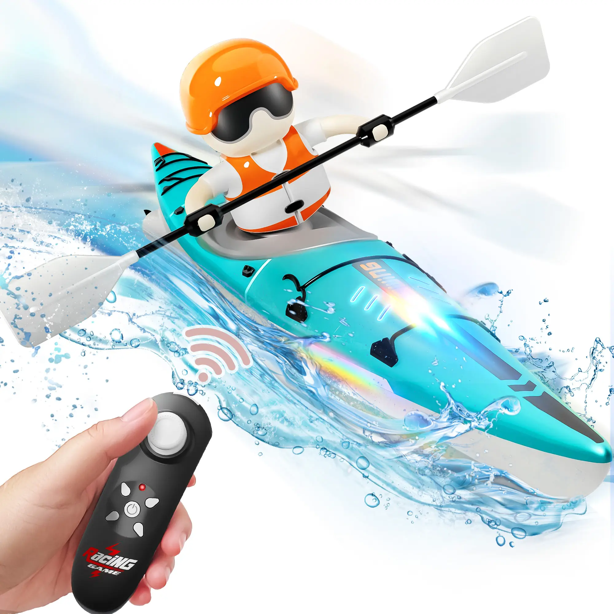 iPlay, iLearn Kids RC Kayak Boat Toy, Toddler Remote Control Paddle Water Bath Toys, Racing Boat with Light for lake Pool Bathtub, Christmas Gifts