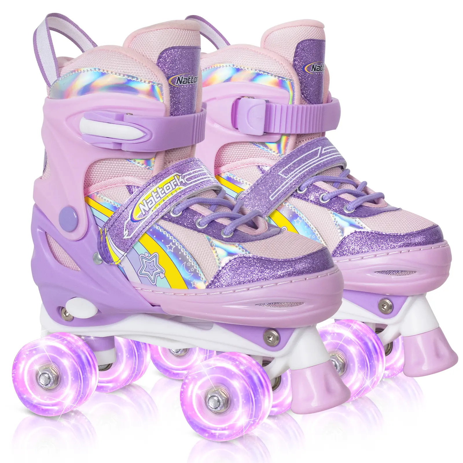 Nattork Kids' Inline Skates for Child Beginners - High Top Rainbow Star Design, 4-Size Adjustable, 8 Light-Up PU Wheels, ABEC-7 Bearings, Snug Buckle, Ankle-Supportive, Durable Plastic Shell - Ideal for Halloween, Birthdays, Christmas