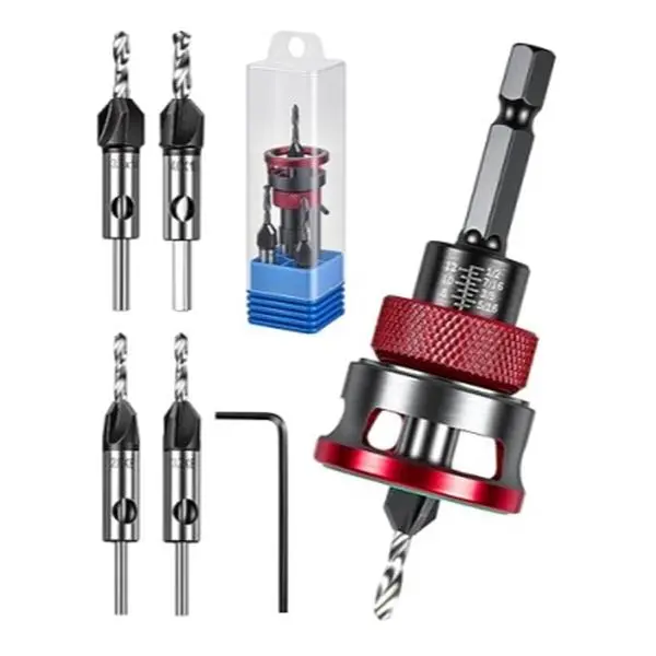 Countersink Drill Bit Set with Depth Stop 4PCS, HCS Four Blades Countersink Bits with Adjustable Depth Stop and L Shape Wrench, Wood Countersink Bit Set for Wood, Plastic,Specially Designed for Woodworkers and Carpenters