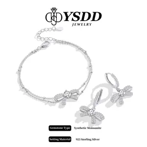 【#408 Oh-so-sweet】Charming Bow Tie Earstud,Dangling Huggie,Bracelet Synthetic Moissanite Jewelry in 925 Sterling Silver Gift for her Birthday Mother's Day