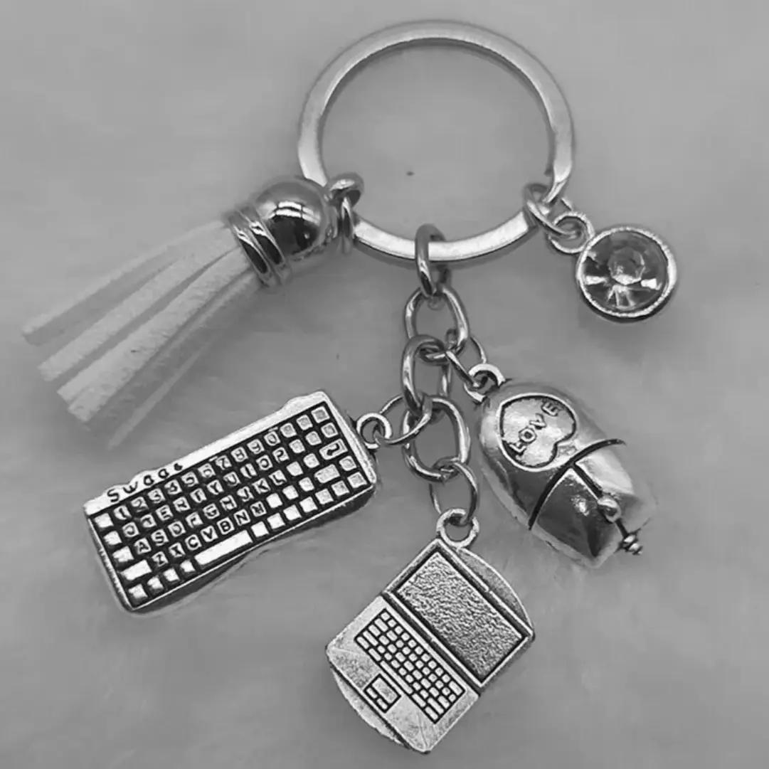Office Assistant Keychain with Laptop Mouse and Keyboard Charms - White